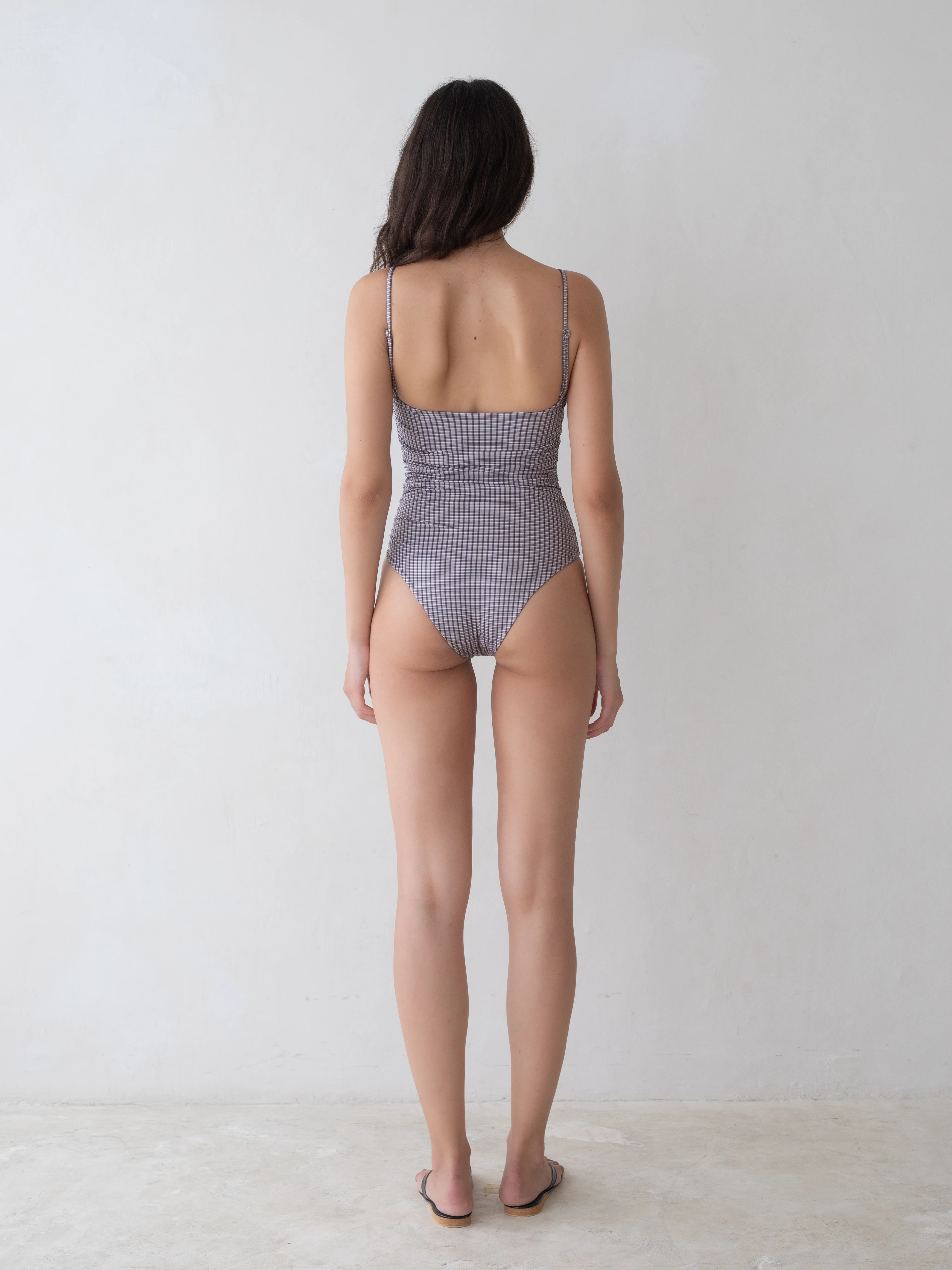 Belle Anna: Ruched Maillot - Brown Plaid - Image 3