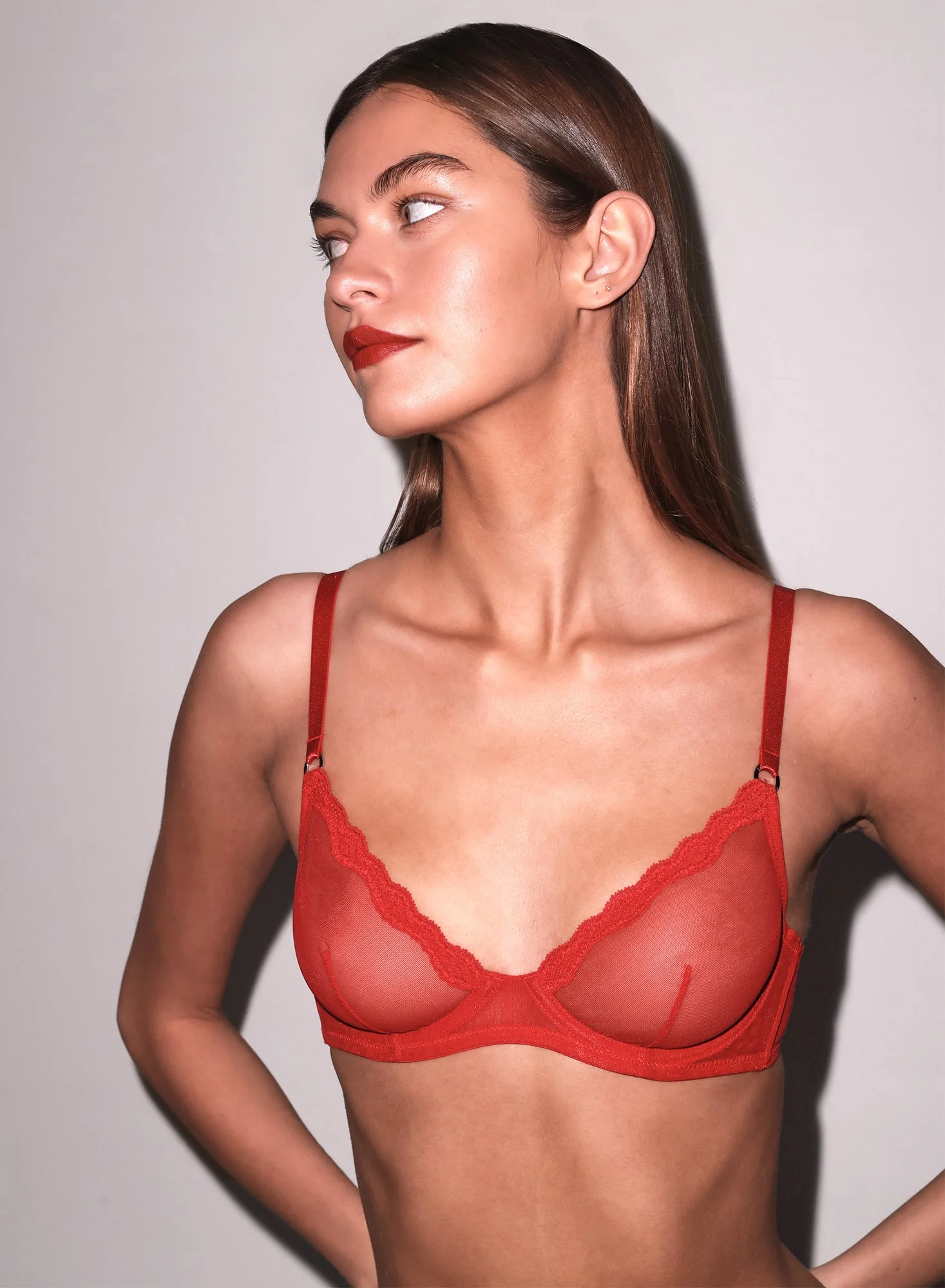 Fleur du Mal: Sheer Tulle Demi Bra - Rouge - Image 4